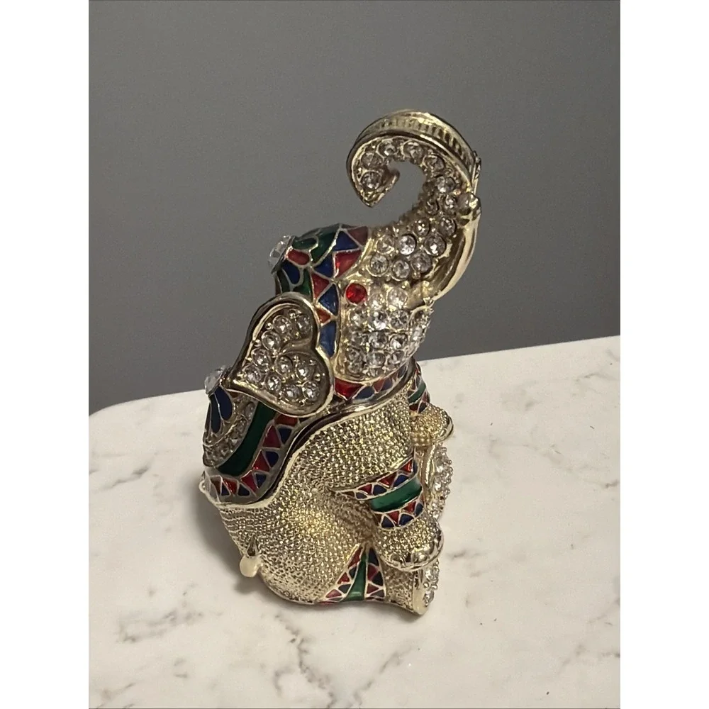 Vintage Bejeweled Elephant Trinket Box Gold Enamel Rhinestone Hinged Jewelry